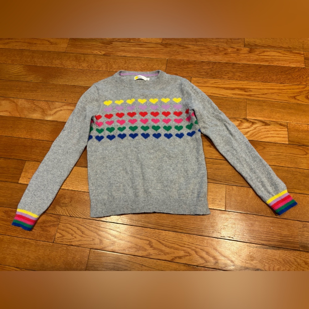 Boden Gray Sweater with Colorful rainbow Heart Pattern girls 9-10 years